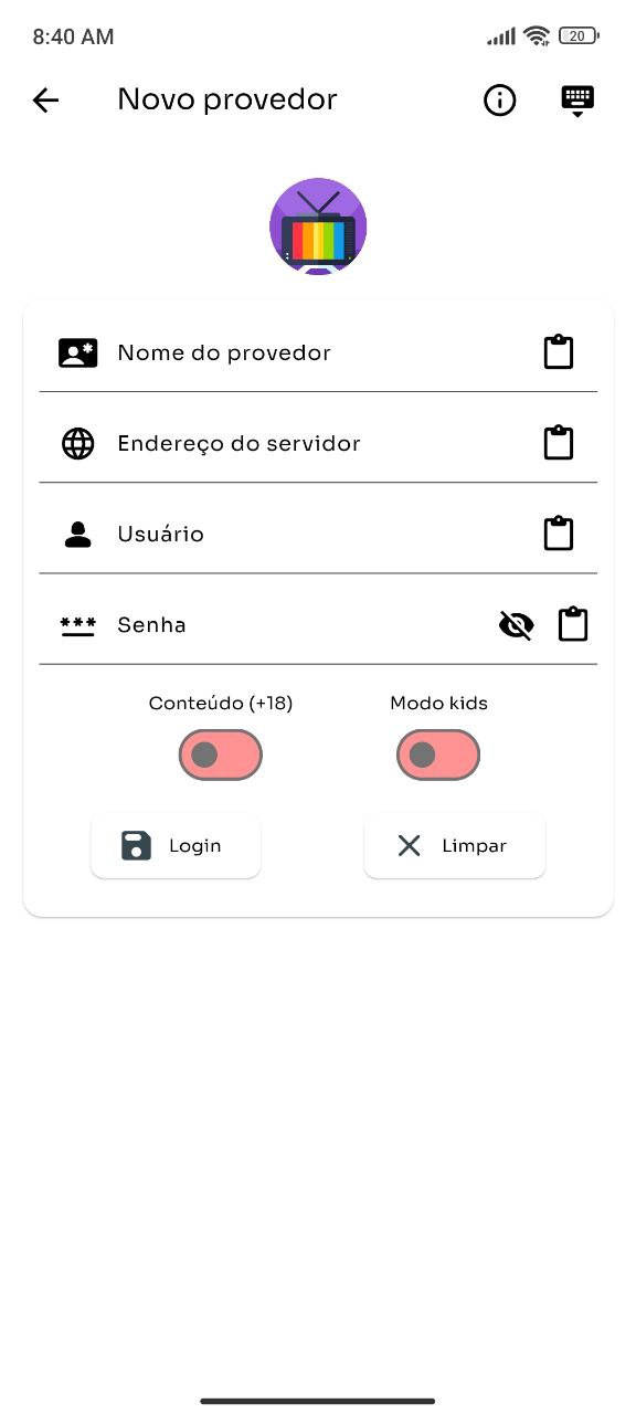 Tela inicial do IPTV Anywhere mostrando canais ao vivo